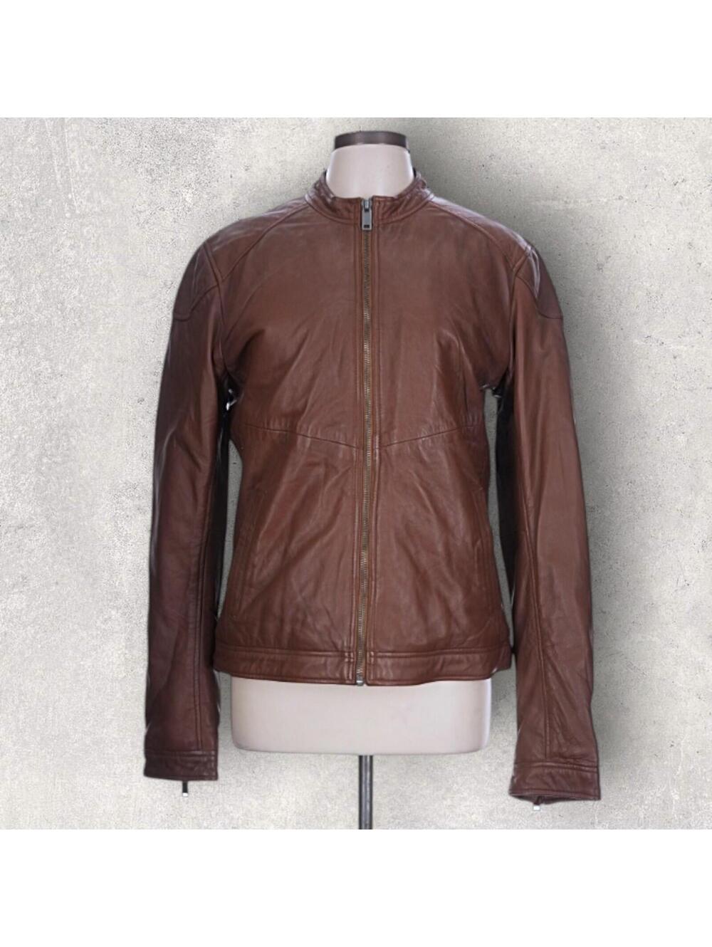 Chyston Leather Slim Fit Moto Cafe Racer Jacket Brown 100% Sheepskin Sz L
